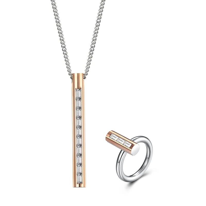 Fashion Jewelry Set CZ Diamond Vertical Bar Pendant And Bar Ring Fashion Jewelry Set CZ Diamond Vertical Bar Pendant And Bar Ring