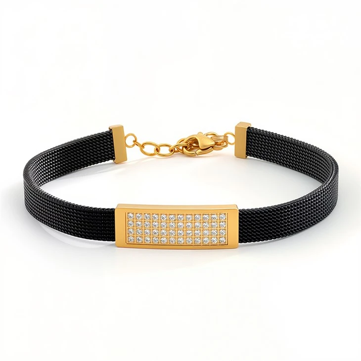 316L Stainless Steel Black Mesh Moissanite Bar Bracelet 316L Stainless Steel Black Mesh Moissanite Bar Bracelet